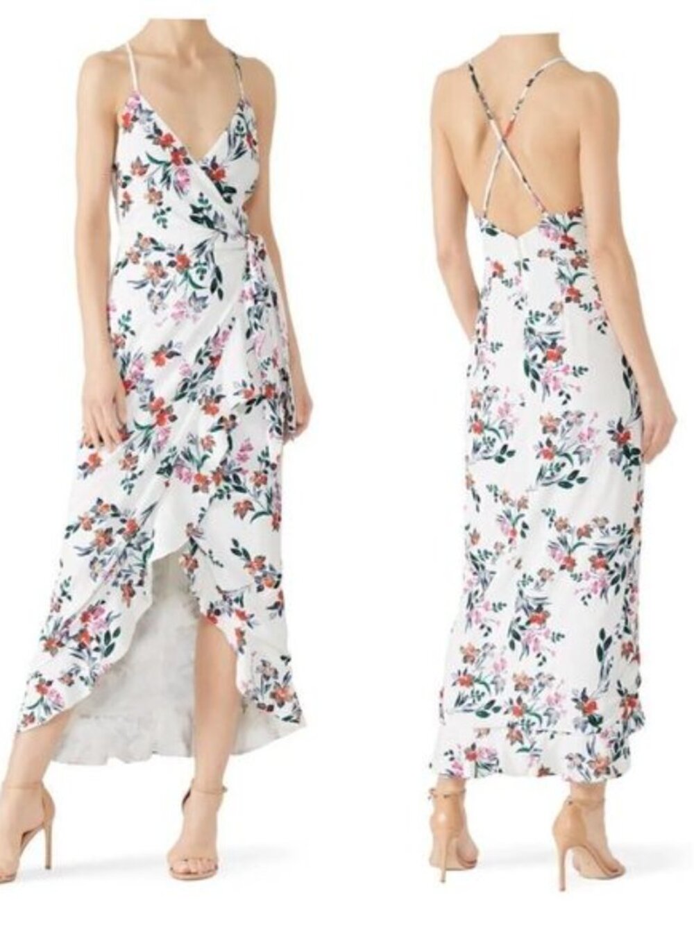 The Jetset Diaries Flowers in Your Hair Maxi Dress Floral crepe wrap ruffle boho